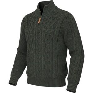 The Irish Store Mens Merino Wool Quarter Zip Aran Cable Knit Sweater Green M